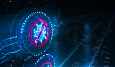 Antivirüs siber güvenlik virüsü sistem uyarı sembolü dijital konsepti tespit etti. Ağ, siber teknoloji ve bilgisayar arkaplanı soyut 3D resimleme.