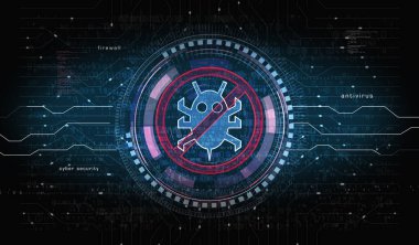 Antivirüs siber güvenlik virüsü sistem uyarı sembolü dijital konsepti tespit etti. Ağ, siber teknoloji ve bilgisayar arkaplanı soyut 3D resimleme.