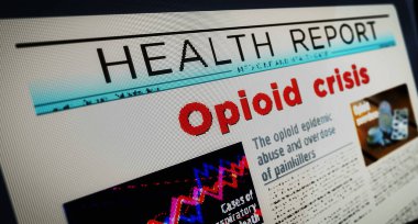 Opioid crisis painkiller abuse and overdose problem daily newspaper reading on mobile tablet computer screen. Man touch screen with headlines news abstract concept 3d illustration. clipart