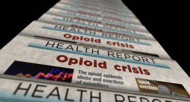 Opioid krizi, ağrı kesici kullanımı, aşırı doz, eski haberler ve gazete baskısı. Soyut konsept retro başlıklar 3d illüstrasyon.