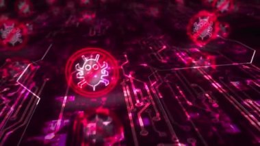 Antivirüs siber güvenlik virüsü sistem uyarı sembolü soyut siber konsepti tespit etti. Dijital teknoloji ve bilgisayar arkaplanı pürüzsüz ve döngülü 3D animasyon.