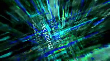 Sürdürülebilir ekonomi, çevre bakımı ve ekoloji manşetlerinin medya aracılığıyla geri dönüşümü. Soyut konsept döngü gösterir. Ekranlar arasında uçma efekti pürüzsüz ve döngülü 3d.