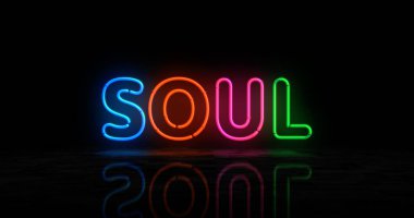 Soul neon sembolü. Müzik retro tarzı hafif renkli ampuller. Soyut konsept 3d illüstrasyon.