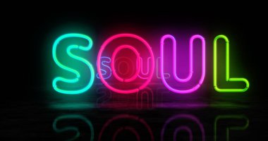 Soul neon sembolü. Müzik retro tarzı hafif renkli ampuller. Soyut konsept 3d illüstrasyon.