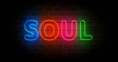 Soul neon sembolü. Müzik retro tarzı hafif renkli ampuller. Soyut konsept 3d illüstrasyon.
