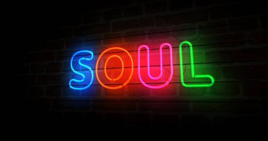 Soul neon sembolü. Müzik retro tarzı hafif renkli ampuller. Soyut konsept 3d illüstrasyon.