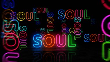 Soul neon sembolü. Müzik retro tarzı hafif renkli ampuller. Soyut konsept 3d illüstrasyon.