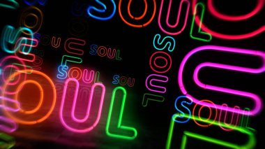 Soul neon sembolü. Müzik retro tarzı hafif renkli ampuller. Soyut konsept 3d illüstrasyon.
