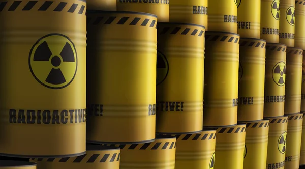 Бочки Ядерными Радиоактивными Отходами Ряд Индустриальные Контейнеры Опасным Радиационным Загрязнением — стоковое фото
