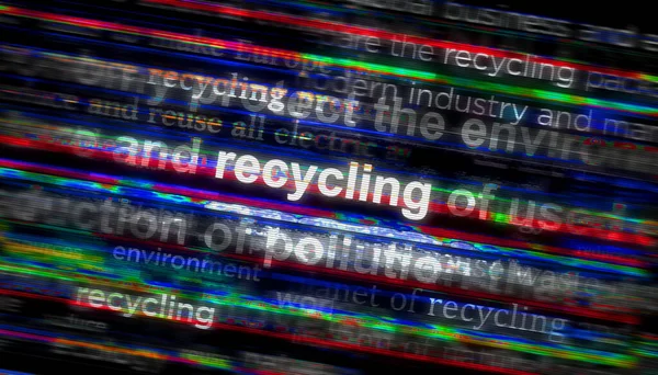 Recycling sustainable economy, environment care and ecology headline news across international media. Abstract concept of news titles on noise displays. TV glitch effect 3d illustration.