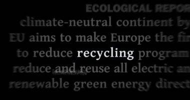 Sürdürülebilir ekonomi, çevre bakımı ve ekoloji manşetlerinin uluslararası medyada geri dönüşümü. Gürültü görüntüleme döngüsündeki haber başlıklarının soyut konsepti. TV arıza efekti pürüzsüz ve döngülü.