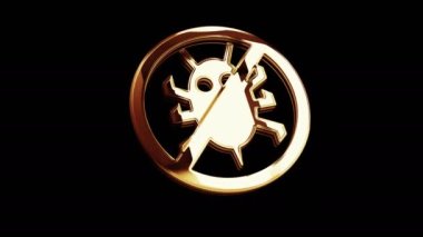 Antivirüs siber güvenlik virüsü, altın metal parlama sembolü sistemi algıladı. Görkemli parlama ve yansıma ışığı ikonu soyut 3D animasyon. Ayrı nesne.