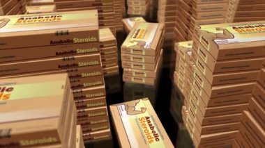 Anabolik steroid tablet kutusu. Vücut geliştirme doping ve atletik kas hapları fabrikası. Soyut kavram 3D döngüsüz. Yığınlar arasında uçan kamera.