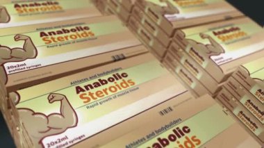 Anabolik steroid tablet kutusu üretim hattı. Vücut geliştirme doping ve atletik kas hapları fabrikası. Soyut kavram 3D döngüsüz dikişsiz.