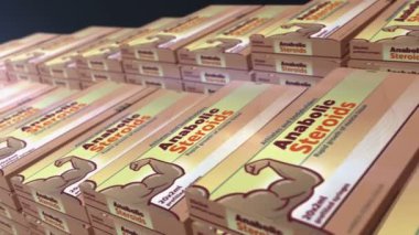Anabolik steroid tablet kutusu üretim hattı. Vücut geliştirme doping ve atletik kas hapları fabrikası. Soyut kavram 3D döngüsüz dikişsiz.