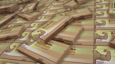 Anabolik steroid tablet kutusu üretim hattı. Vücut geliştirme doping ve atletik kas hapları fabrikası. Soyut kavram 3d biçimlendirilebilir döngüsüz canlandırma.