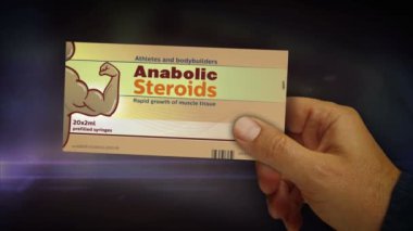 Anabolik steroid tabletleri elinde. Vücut geliştirme doping ve atletik kas hapları soyut konsept 3 boyutlu paketler.