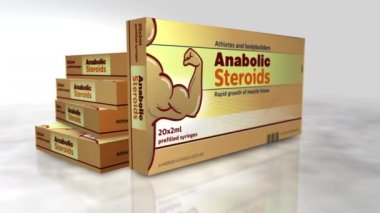 Anabolik steroid tablet kutusu. Vücut geliştirme doping ve atletik kas hapları paketi. Animasyon oluşturan soyut bir kavram. Kamera hareket ederken 3 boyutlu görüntü.