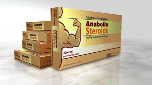 Krabička Anabolickými Steroidy Kulturistika Doping Sportovní Svalové Pilulky Balení Abstraktní — Stock video