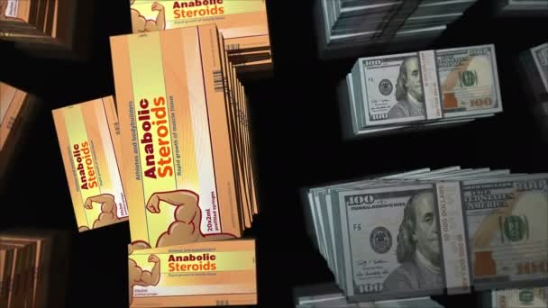 Αναβολικά Στεροειδή Δισκία Κουτί Και Δολάρια Ηπα Στοίβες Δέσμη Χρημάτων — Αρχείο Βίντεο