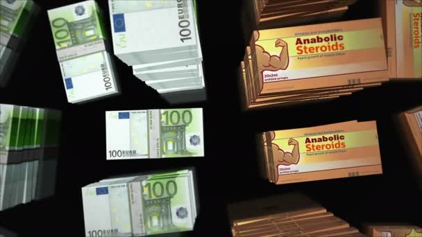 Anabolikus Szteroidok Tabletta Doboz Euro Pénz Csomag Halom Testépítés Dopping — Stock videók