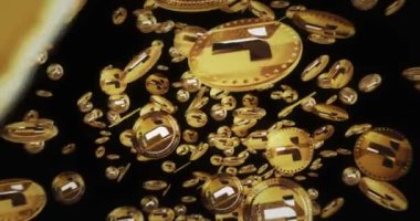 TrueUSD ahır bozuk para TUSD kripto para birimi altın sikkeler arasında izole uçuş. Dönen altın metal madeni paralar soyut kavram kalıplarını döndürür. Döngüsüz ve pürüzsüz 3d canlandırma.