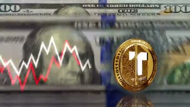 Trueusd Stablecoin Tusd Cryptocurrency Golden Coin 100 Dollar Banknotes Recuento — Vídeo de stock