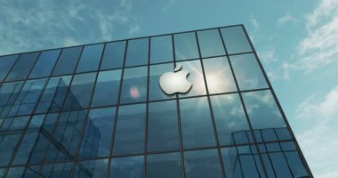 Cupertino, California, 25 Eylül 2023: Apple Incorporation merkez binası cam bina konsepti. Apple A.Ş. 3D ön cephede teknoloji şirketi logosu..