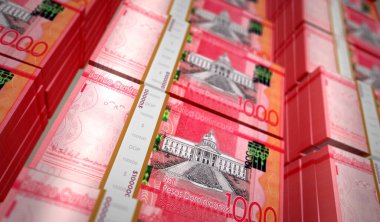 Dominik Cumhuriyeti Pezosu 'nun 3D resimli baskısı. 1000 DOP banknot baskısı. Dominik 'te finans, nakit, ekonomi krizi, iş başarısı, durgunluk, banka, vergi ve borç kavramı.