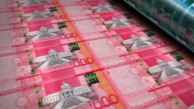 Dominik parası Dominik Cumhuriyeti Peso para basım makinesi döngüsü. Kağıt DOP banknot baskısı 3D döngü kusursuz. Soyut bankacılık, borç, finans, ekonomi ve kriz kavramı.