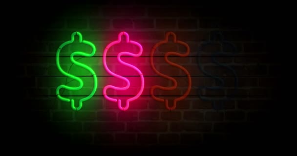 Dollar Neon Symbol Tegelvägg Usd Pengar Framgång Ljus Färg Glödlampor — Stockvideo