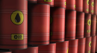 Petrol ham Brent petrol varilleri sıra konsepti. Petrol endüstrisi ve fosil sanayi konteynırları 3 boyutlu illüstrasyon.