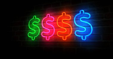 Dolar neon sembolü. USD para başarısı ampuller. Soyut konsept 3d illüstrasyon.