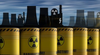 Sıra konseptinde nükleer radyoaktif atık varilleri. Tehlike radyasyon kirliliği endüstriyel konteynırlar 3 boyutlu illüstrasyon.