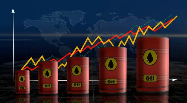 Oil crude brent petroleum fuel barrels on growing chart. Petrol business and fossil industry industrial metal containers with increase statistic diagram 3d illustration.