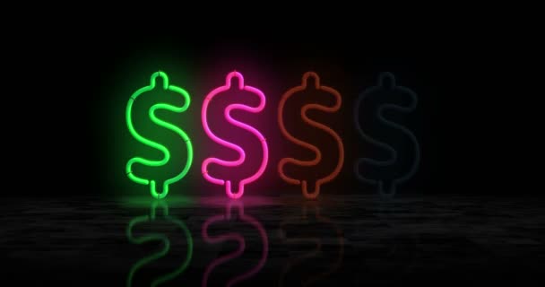 Dólar Néon Brilhante Símbolo Lâmpadas Cor Clara Usd Dinheiro Sucesso — Vídeo de Stock