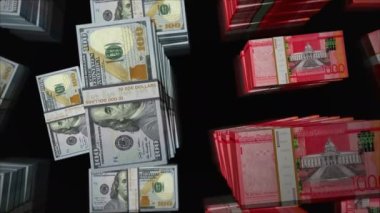Amerikan Doları ve Dominik Pezosu para değişimi. Banknotlar tomar tomar. Ticaret, ekonomi, rekabet, kriz, bankacılık ve finans kavramı. Döngüsüz 3D notalar.