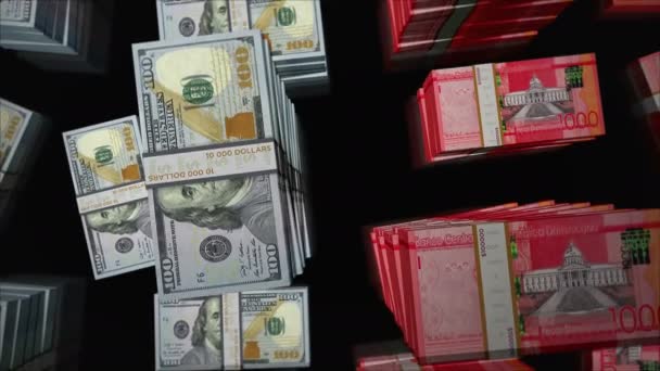 American Dollar Και Δομινικανή Peso Ανταλλαγή Χρημάτων Πακέτο Χαρτονομισμάτων Έννοια — Αρχείο Βίντεο