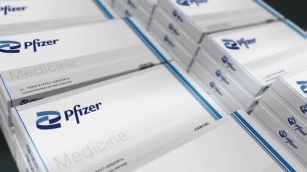 Posen Polen Oktober 2023 Pfizer Tabletten Box Produktionslinie Pharmaunternehmen Pillen — Stockvideo