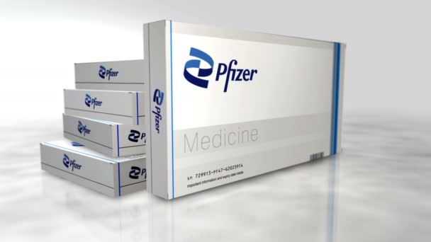 Posen Polen Oktober 2023 Pfizer Tablettenbox Pharmaunternehmen Pillen Verpackungsfabrik Abstraktes — Stockvideo