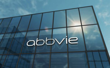 Kuzey Chicago, Illinois, 2 Ekim 2023: Abbvie Şirketi 'nin cam bina konsepti. Eczacılık biyomedikal şirketinin ön cephedeki logosu 3 boyutlu illüstrasyon..