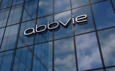 Kuzey Chicago, Illinois, 2 Ekim 2023: Abbvie Şirketi 'nin cam bina konsepti. Eczacılık biyomedikal şirketinin ön cephedeki logosu 3 boyutlu illüstrasyon..