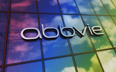 Kuzey Chicago, Illinois, 2 Ekim 2023: Abbvie Şirketi 'nin cam bina konsepti. Eczacılık biyomedikal şirketinin ön cephedeki logosu 3 boyutlu illüstrasyon..