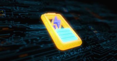 Pil enerjiyi şarj eder ve güç rengarenk sembol kavramını şarj eder. Ağ, siber teknoloji ve bilgisayar arkaplanı soyut 3d canlandırması.