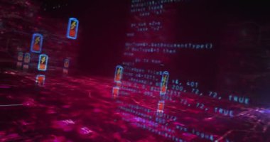 Enerji yükleyen pil ve güç sembolü soyut siber konsepti şarj ediyor. Dijital teknoloji arka planı pürüzsüz ve döngüsel dinamik 3D animasyon.