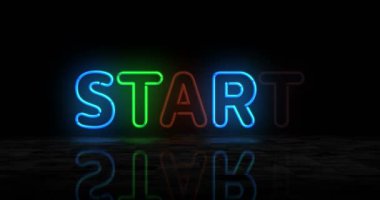 Parlayan neon sembolünü başlat. Renkli ampuller. İş oyunu, başarı kavramının soyut üç boyutlu animasyonuna başlar.