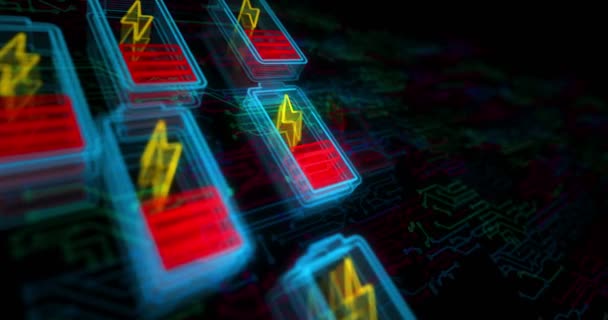 バッテリー充電エネルギーと充電パワーホログラムシンボルは 電子回路の背景に表示されます ネットワーク サイバー技術 コンピュータ抽象概念3Dシームレスでループアニメーション — ストック動画