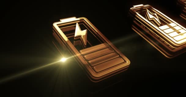 Energía Carga Batería Energía Recarga Concepto Símbolo Brillo Metal Dorado — Vídeo de stock
