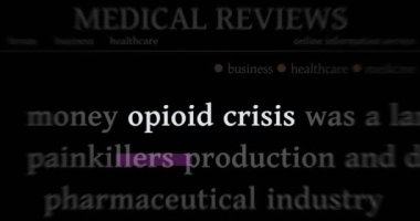 Opioid krizi uluslararası medyada salgın ve ağrı kesici istismarı manşetlerine çıktı. Ekranlarda yayınlanan web haber başlıklarının soyut konsepti. Kusursuz döngülü animasyon.