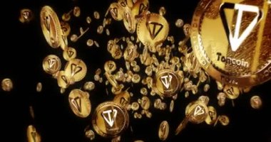 Toncoin TON kripto para birimi altın paraların arasında uçuyor. Dönen altın metal madeni paralar soyut kavram kalıplarını döndürür. Döngüsüz ve pürüzsüz 3d canlandırma.